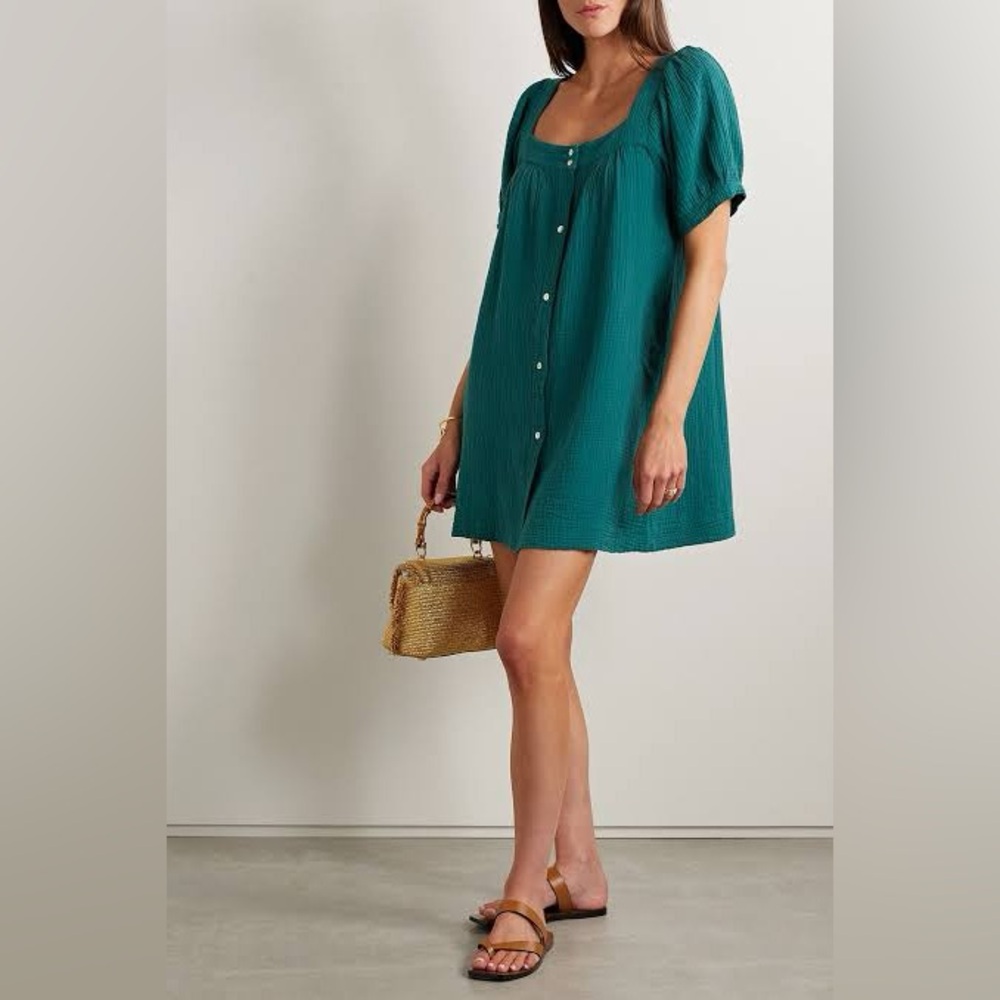 Honorine Francoise Lagoon Emerald Cotton Button Front Puff Sleeve Mini Dress S